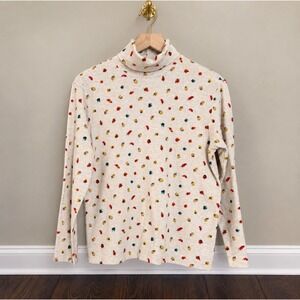 Talbots Petites Women M Turtleneck Top Cream Autumn Leaf Acorn Print 100% Cotton